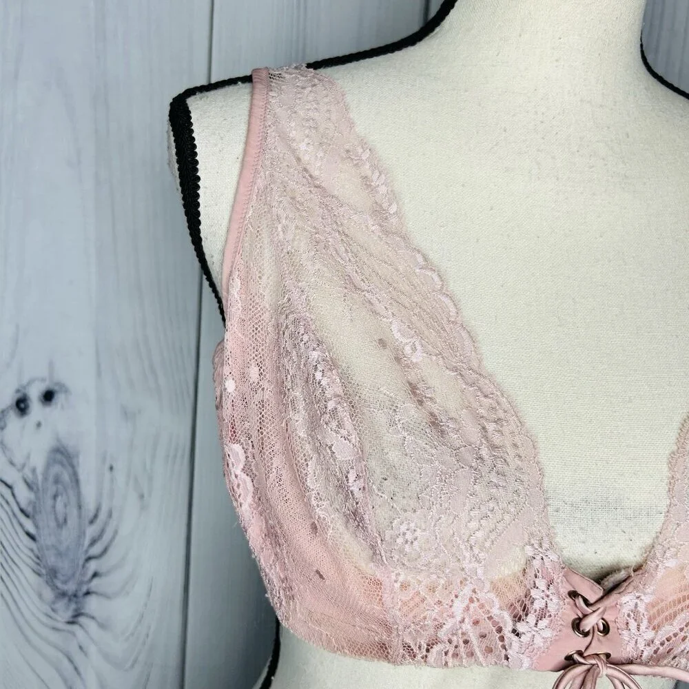 Victoria's Secret Dusty Rose Pink Lace Plunge Bra Size 38D Tie Front